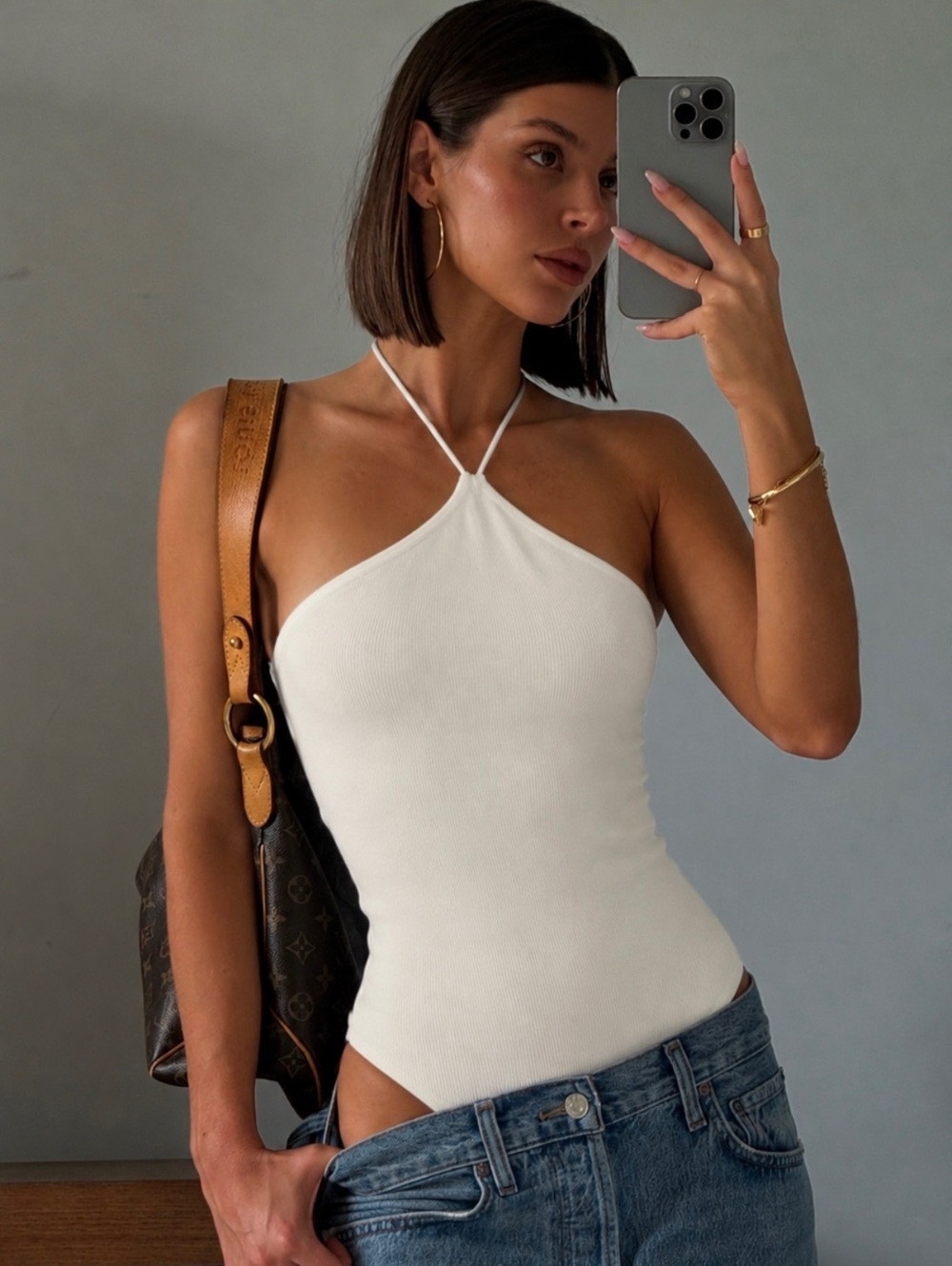 H&M White Halter Neck Bodysuit with Spaghetti Straps, Size XS